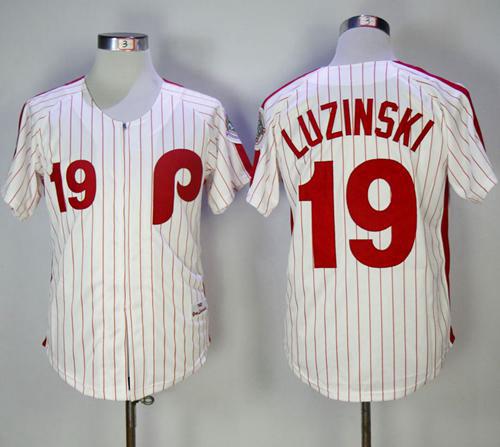 Mitchell and Ness 1983 Phillies #19 Greg Luzinski Stitched White Red Strip Throwback MLB Jersey - Click Image to Close
